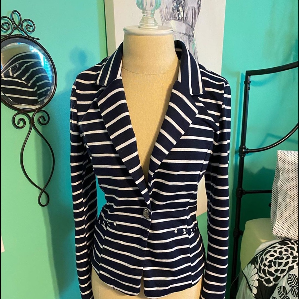 navy & white striped blazer